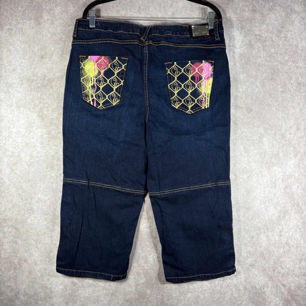 Vintage Baby Phat Capris Women 18 Blue Denim Graffiti Embroidered Rhinestone Y2K
